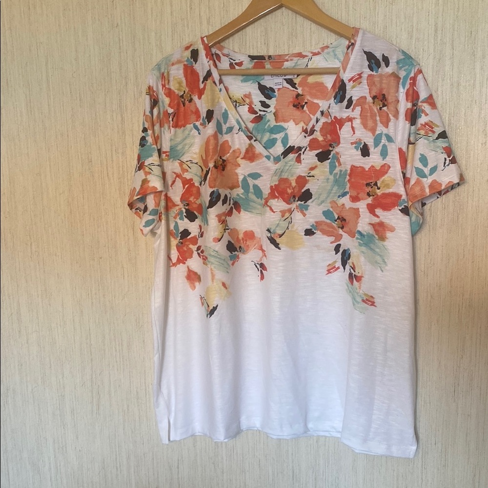 Chico's White and Orange Short Sleeve Relaxed Blouse